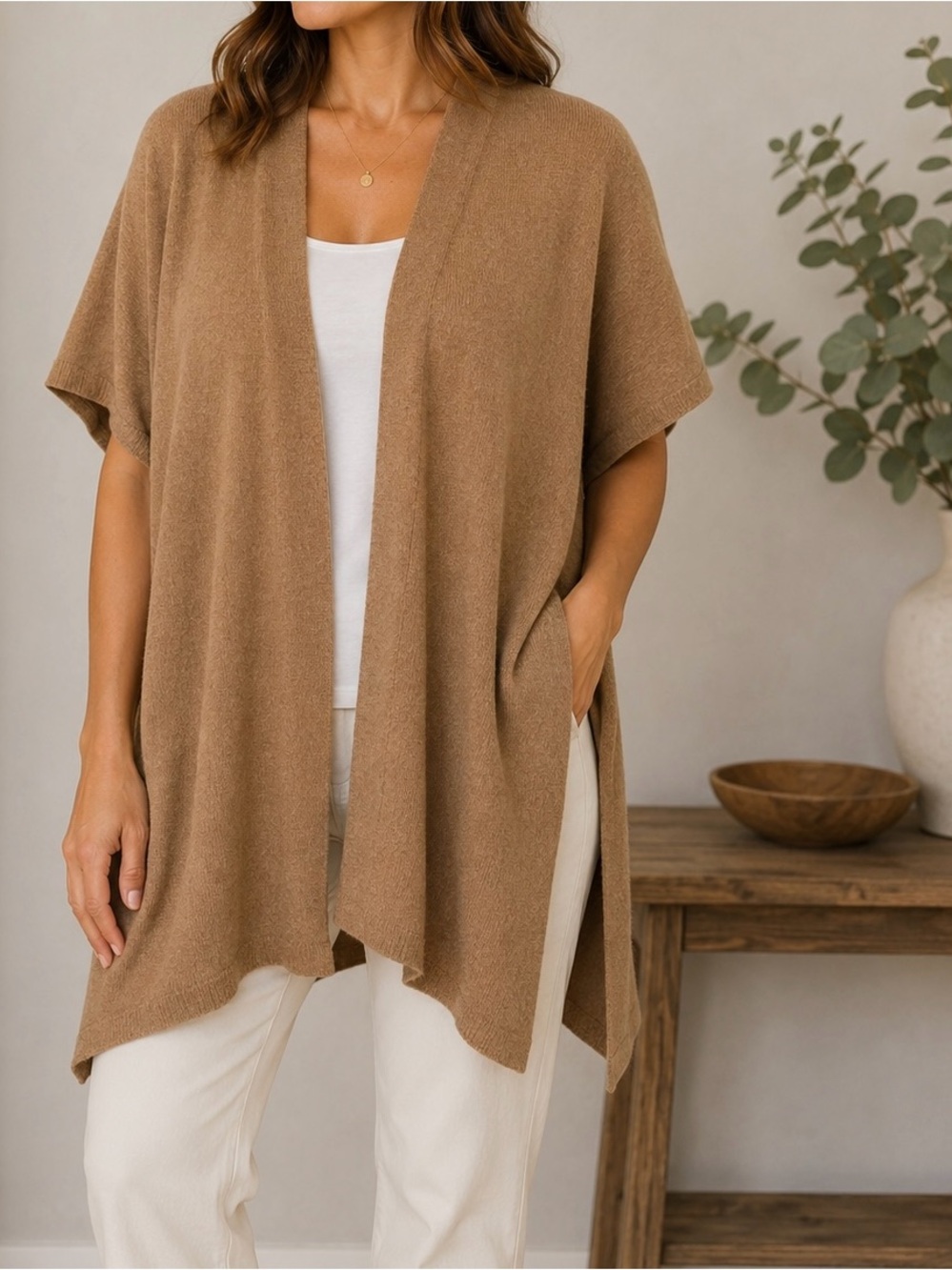 Atmosphere Camel Knit Open-Front Poncho